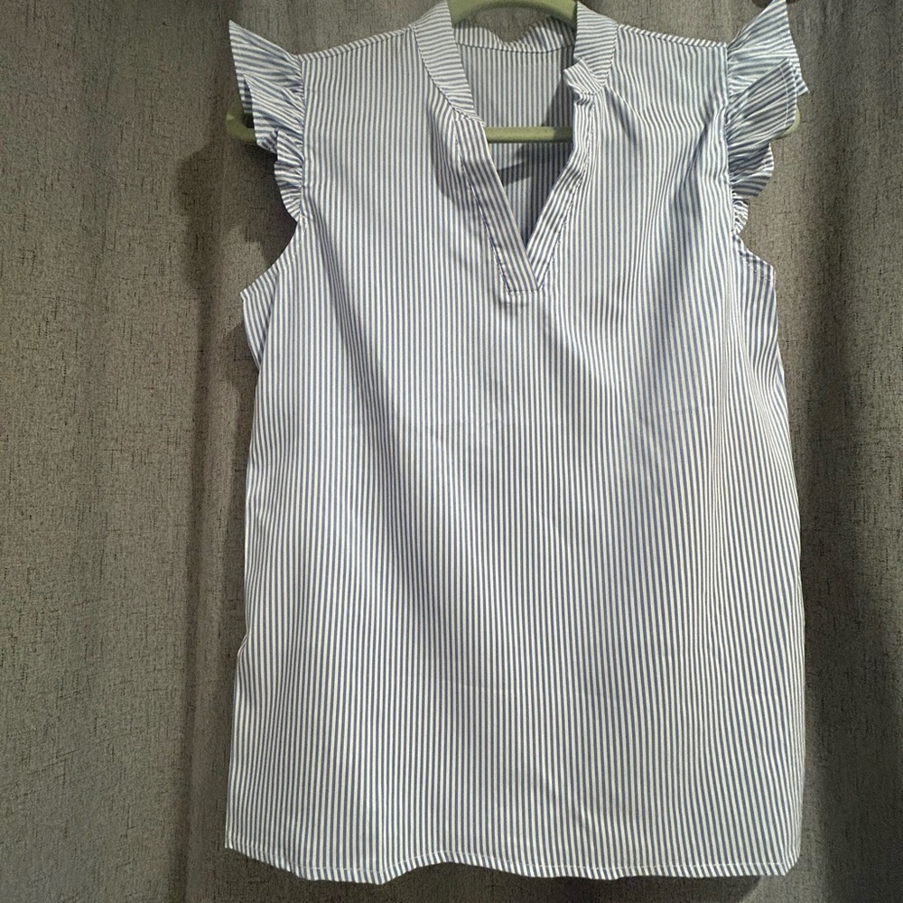 Blue and White Ruffle Sleeve Blouse